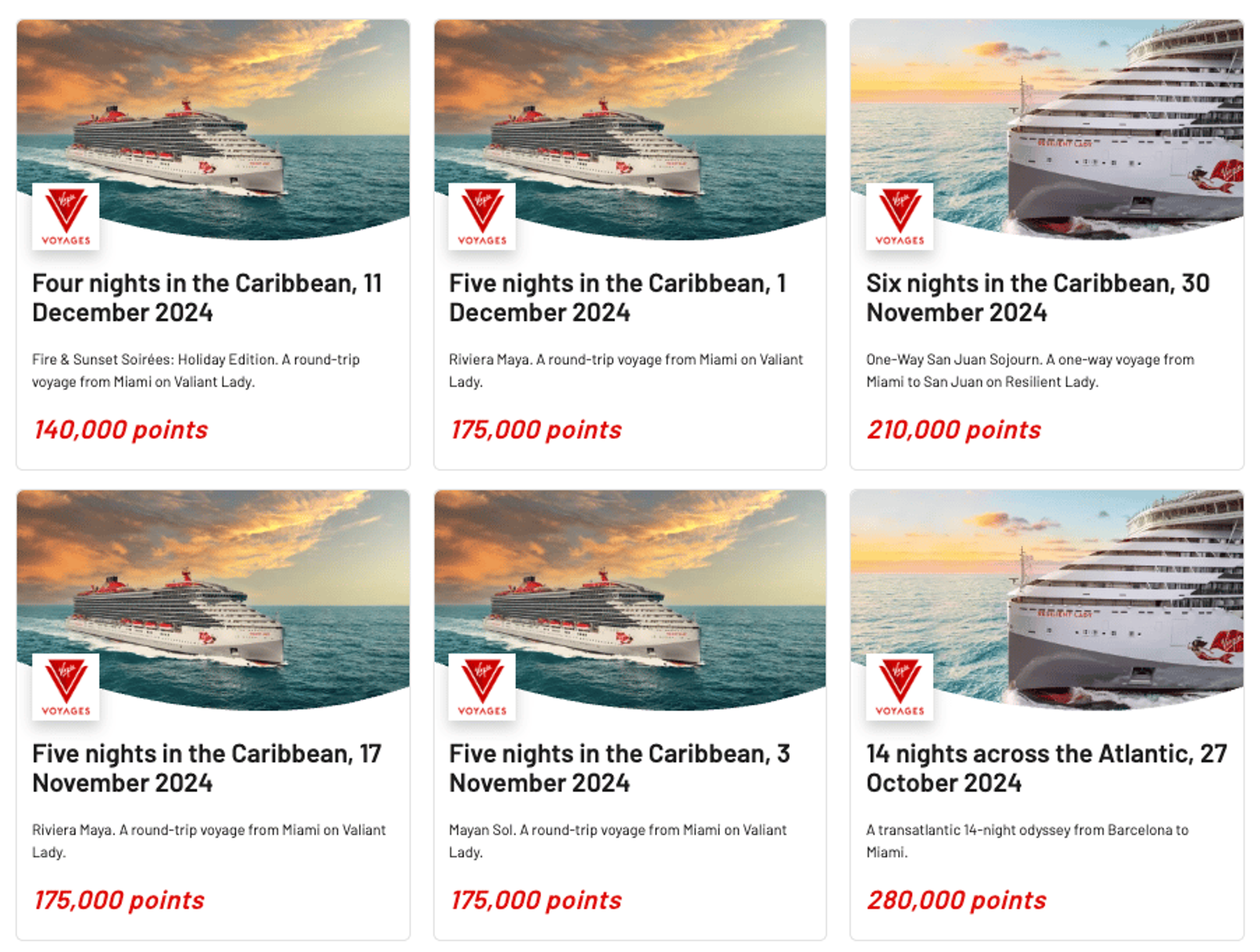 Various examples of Virgin cruises bookable with points