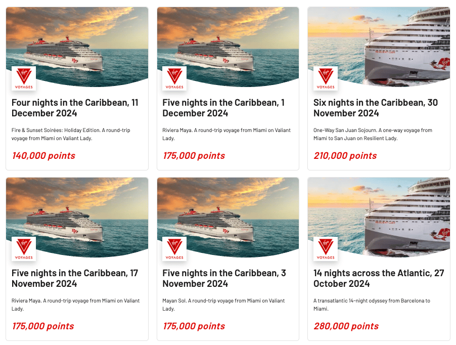 Various examples of Virgin cruises bookable with points