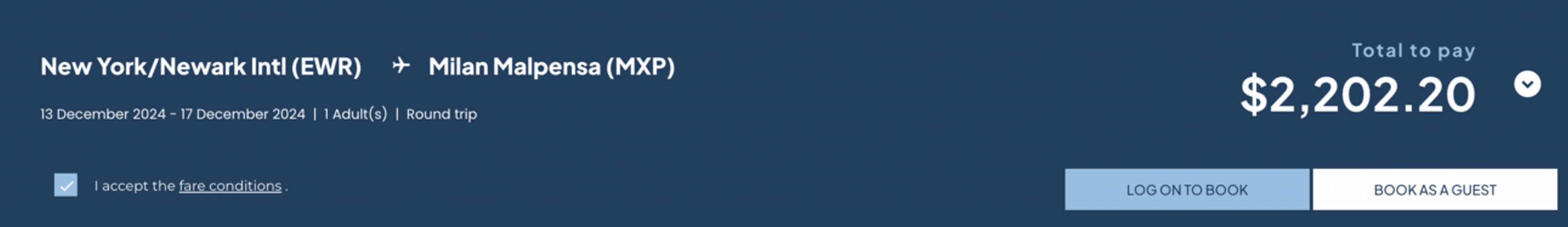 Booking page showing the $2,202 pricetag for round-trip flights between Newark and Milan