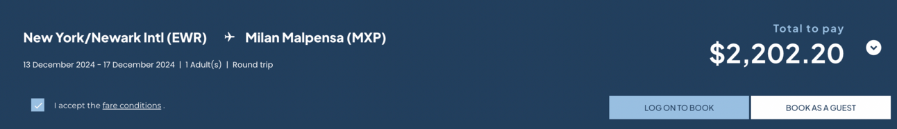Booking page showing the $2,202 pricetag for round-trip flights between Newark and Milan