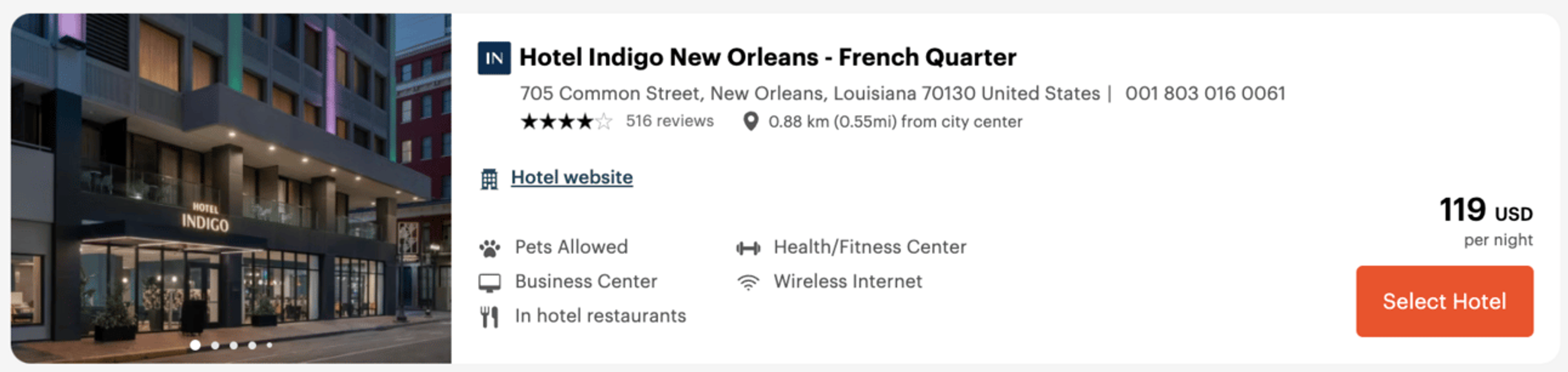 A screenshot of an IHG hotel in New Orleans for $119 per night