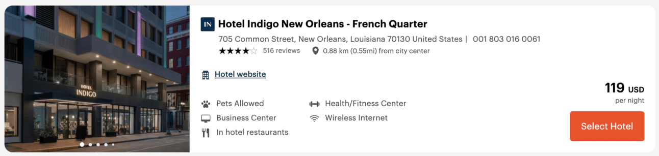 A screenshot of an IHG hotel in New Orleans for $119 per night