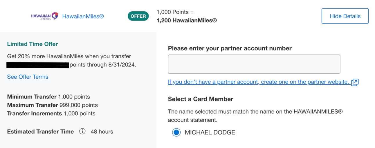 20% Transfer bonus to Hawaiian Airlines