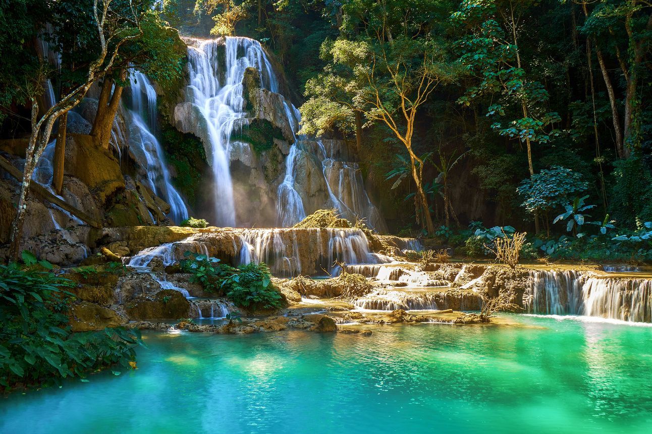 a photo of the Kuang Si waterfalls in Laos