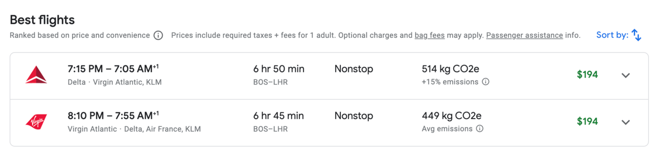 Google Flights search from Boston to London for $194