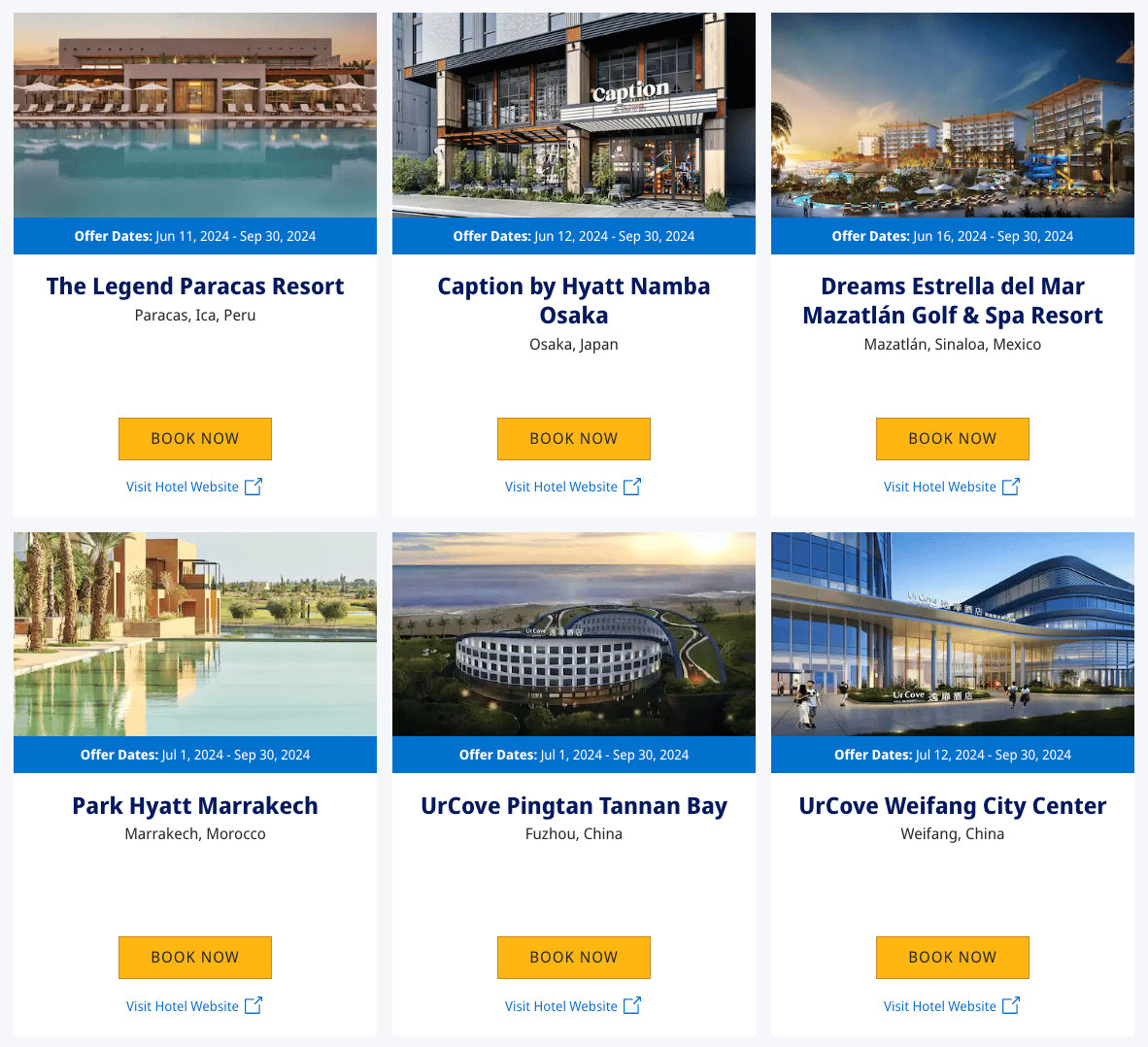 A screenshot showing six examples of hotels that are offering 500 bonus points per night