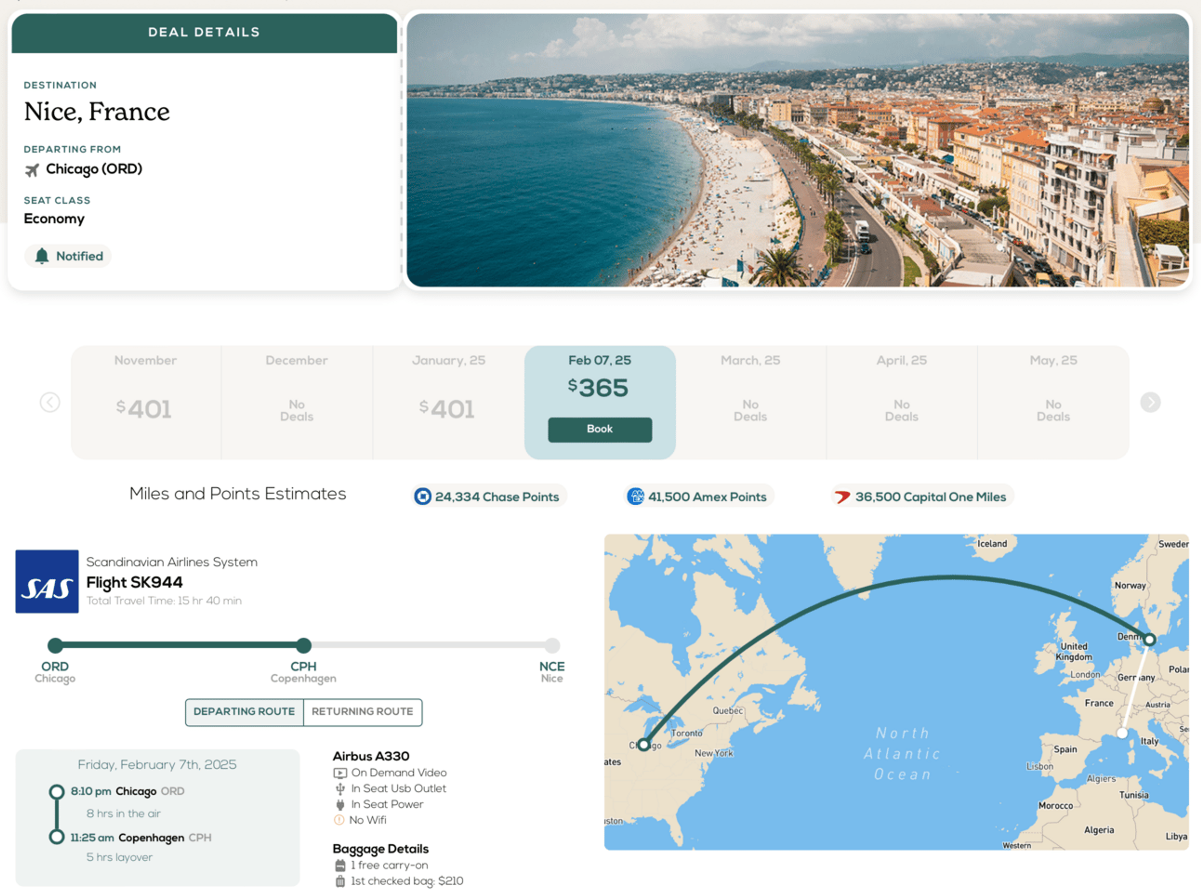 Example booking showing a deal to Nice, France