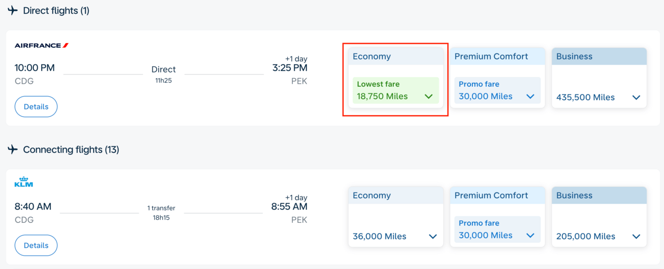 Example booking from Paris to Beijing