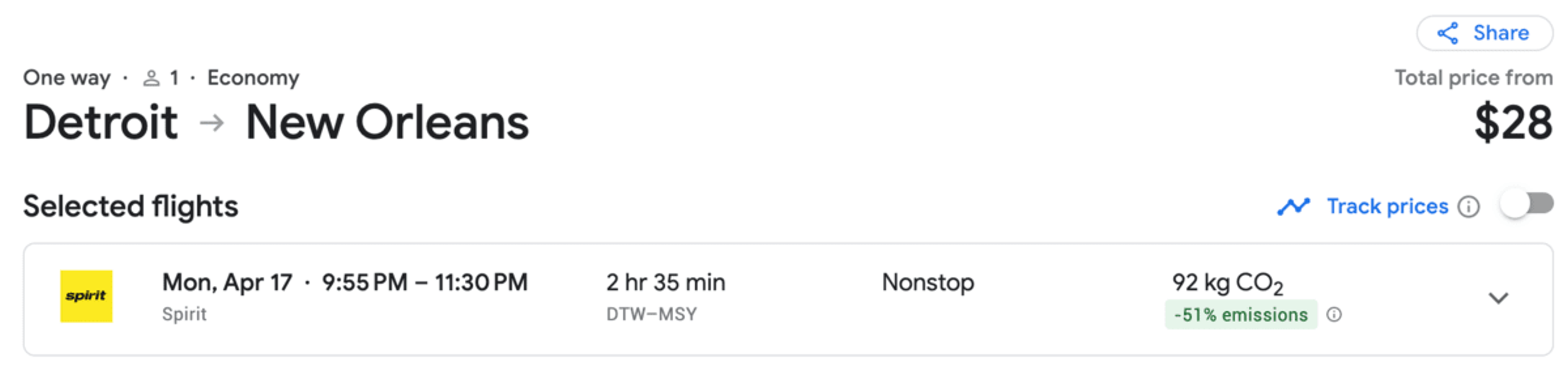 Detroit to New Orleans on Google flights
