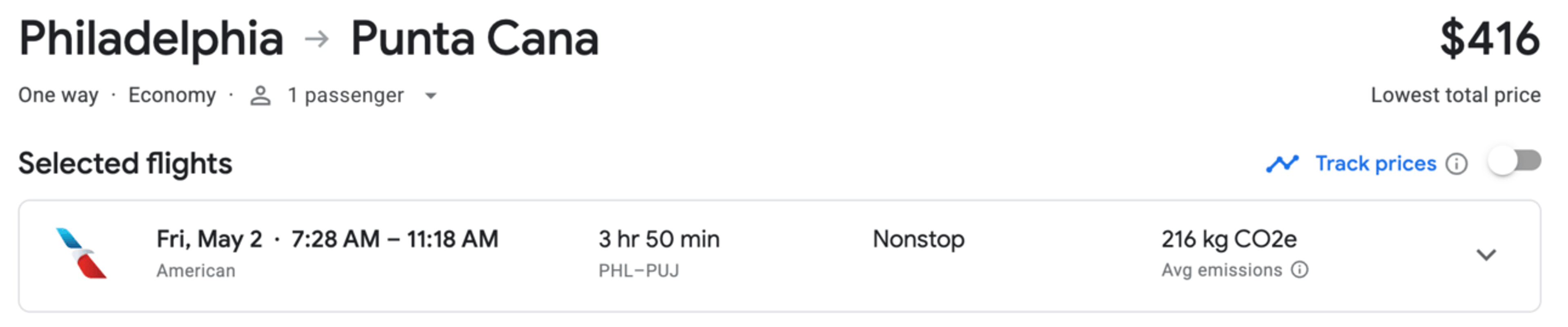 PHL to PUJ for $416 in economy