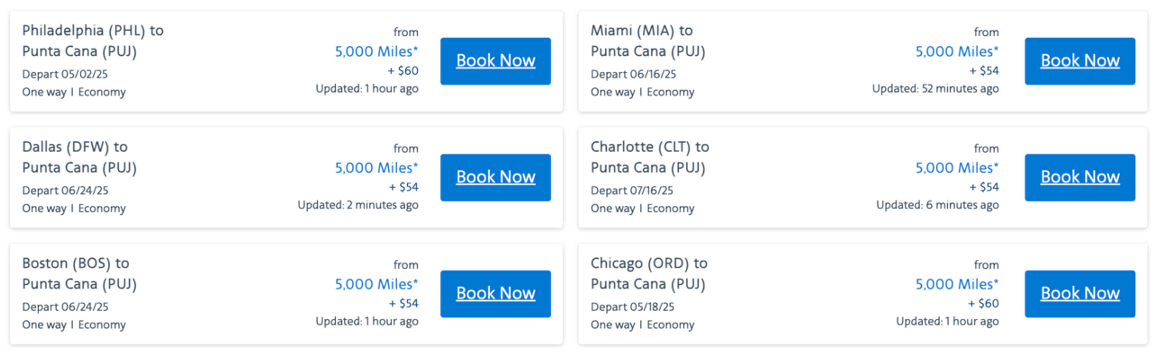 Examples of cities and dates to fly from the U.S. to Punta Cana for 5,000 AA miles