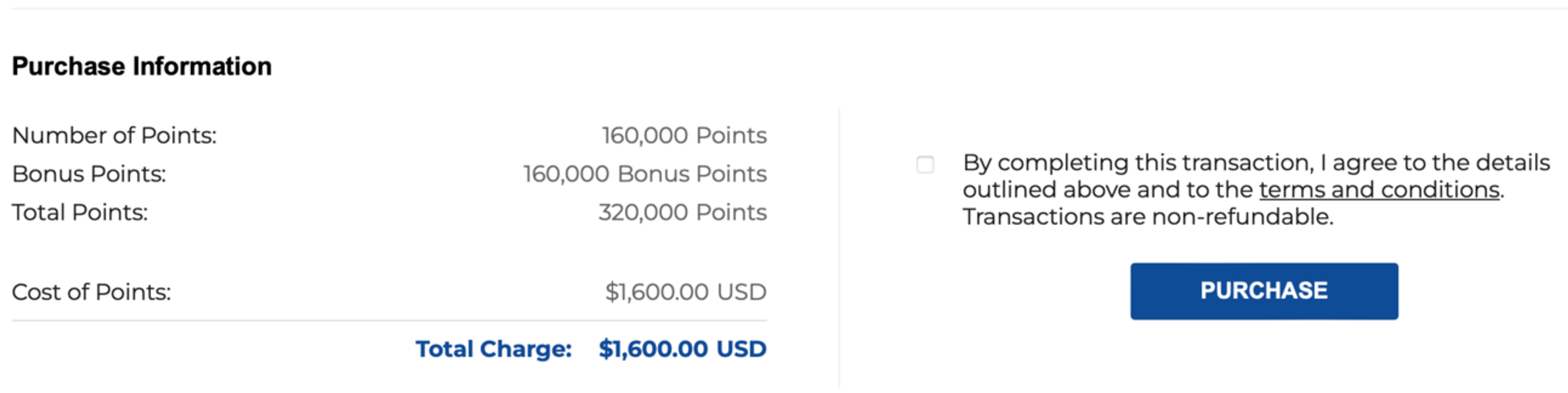 Screenshot of buying Hilton points with a 100% bonus