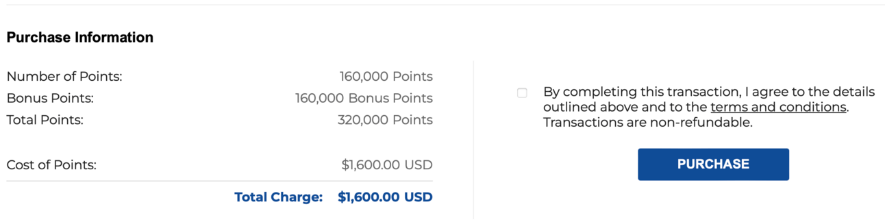 Screenshot of buying Hilton points with a 100% bonus