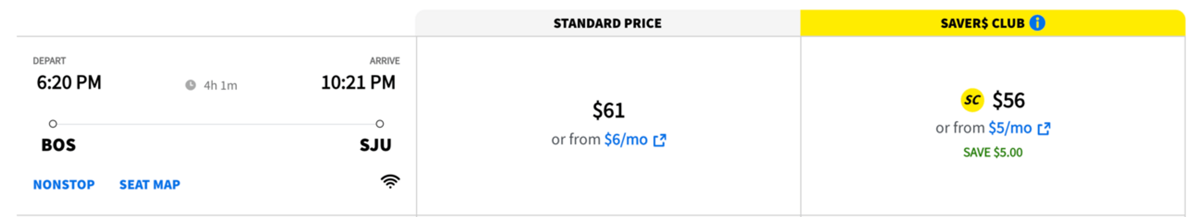 Sample Spirit Airlines flight from BOS-SJU
