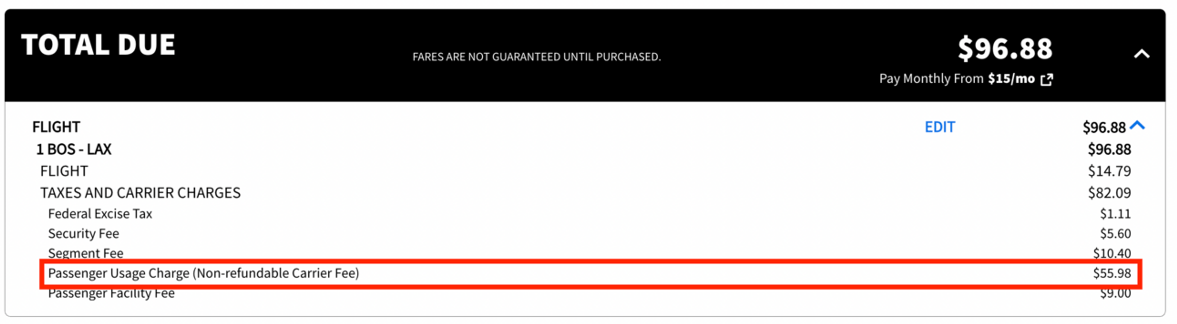Spirit Fare Breakdown