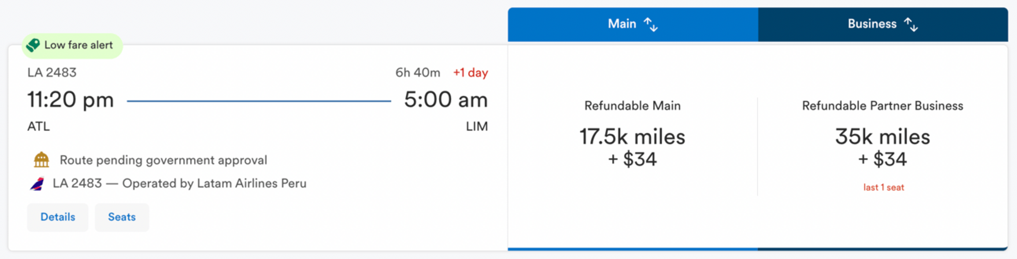 Atlanta to Lima for 35,000 mile in business class