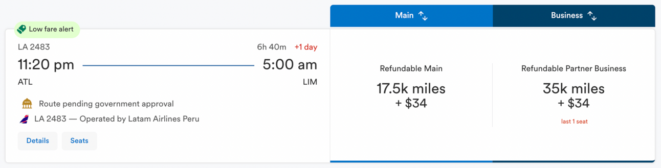 Atlanta to Lima for 35,000 mile in business class