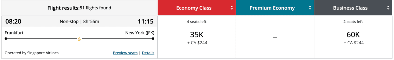 Example of an Aeroplan flight on Singapore Airlines from NYC to Frankfurt for 60,000 points