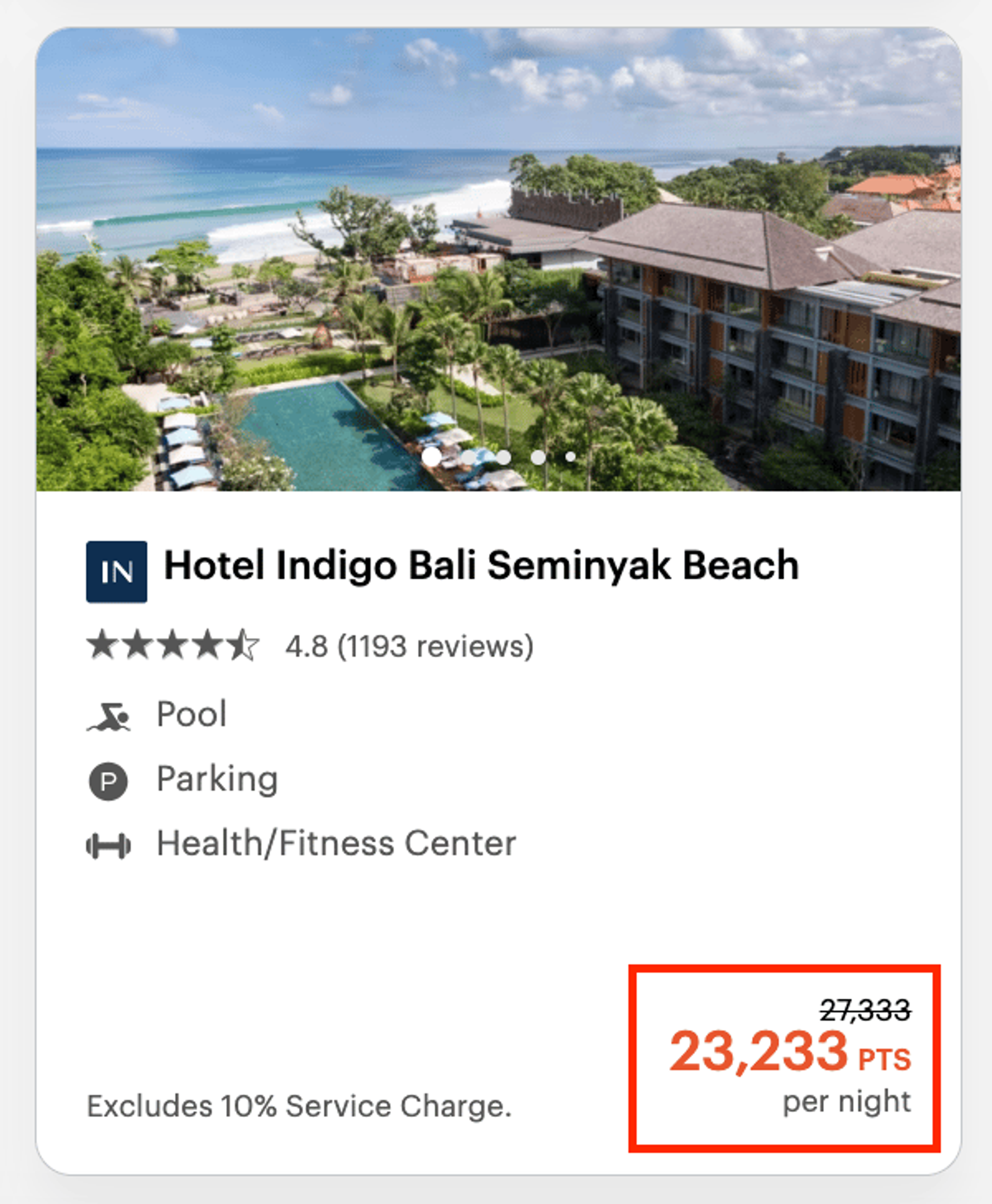 Screenshot showing poits per night at a Bali hotel