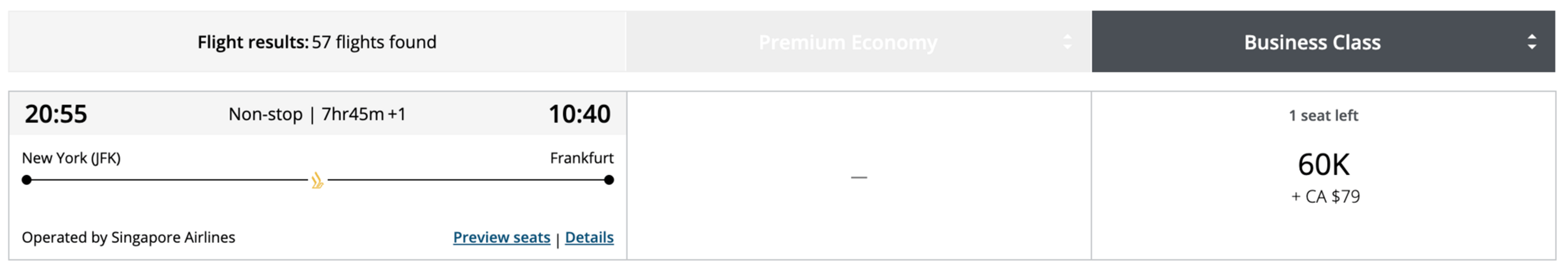 New York to Frankfurt for 60,000 Aeroplan points