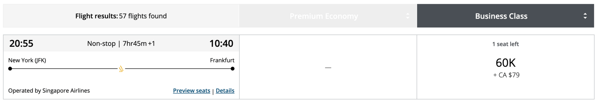 New York to Frankfurt for 60,000 Aeroplan points