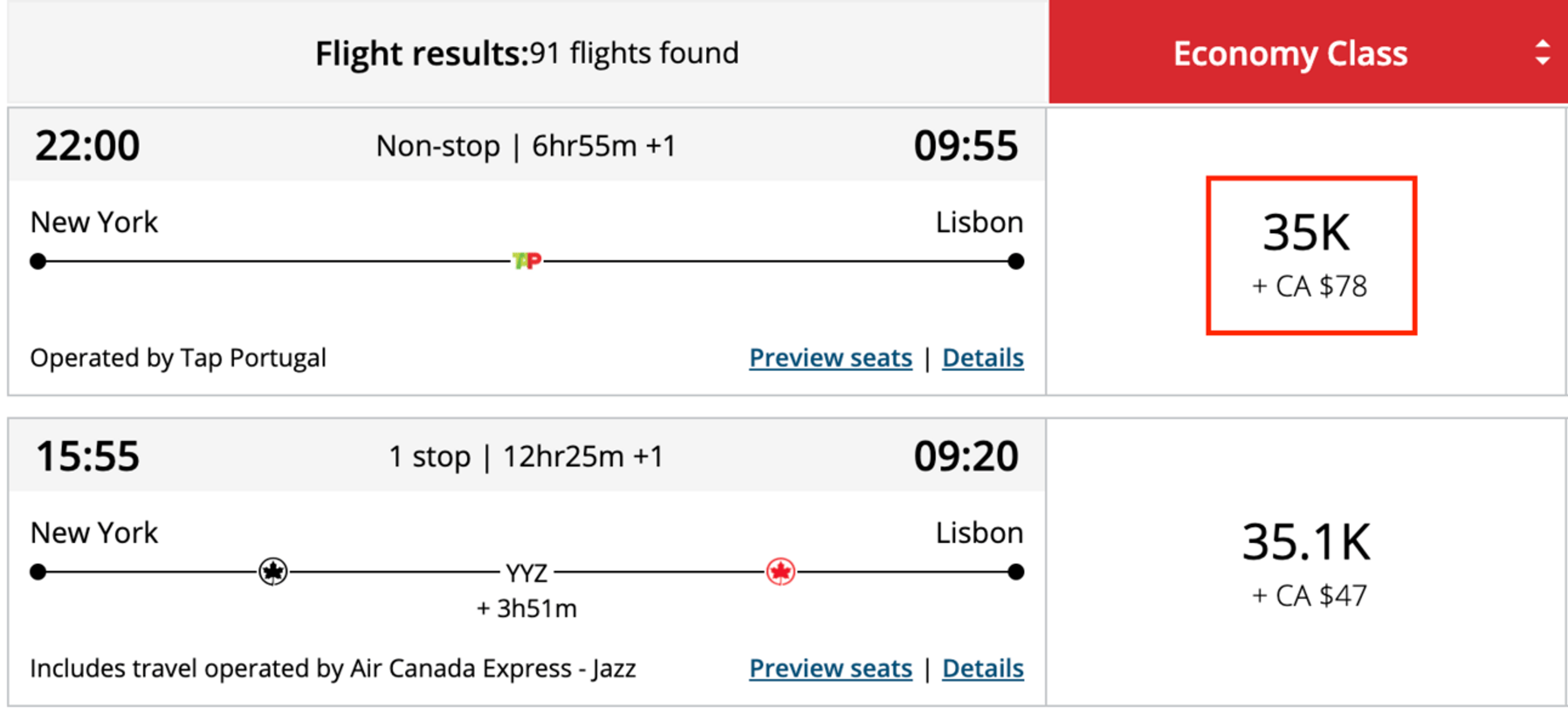 New York to Lisbon for 35,000 Aeroplan points in economy