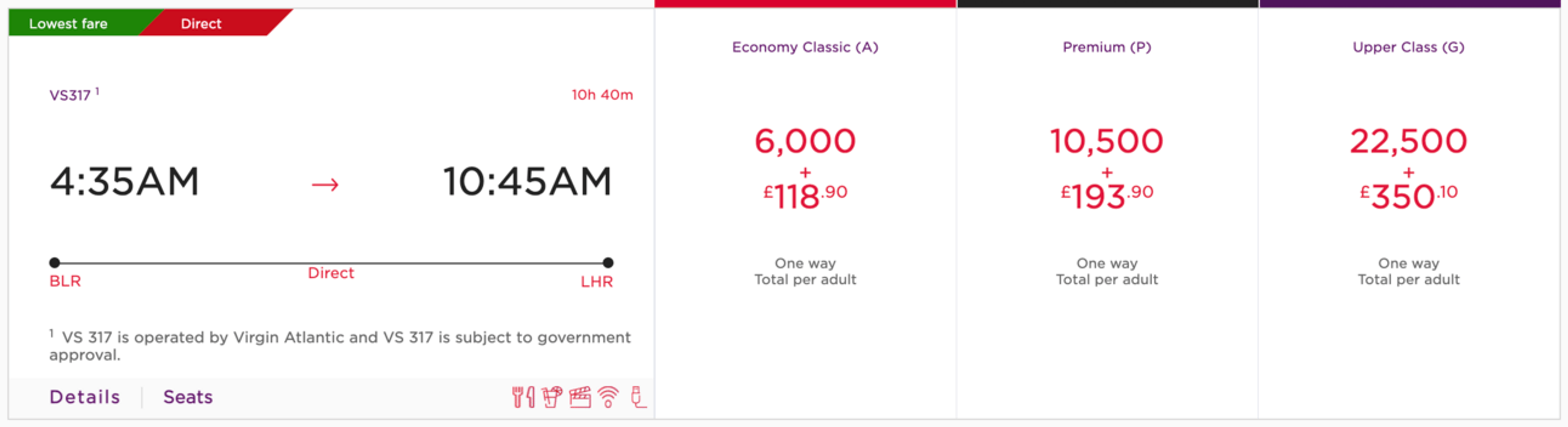 Bengaluru to London for 22,500 miles in business class