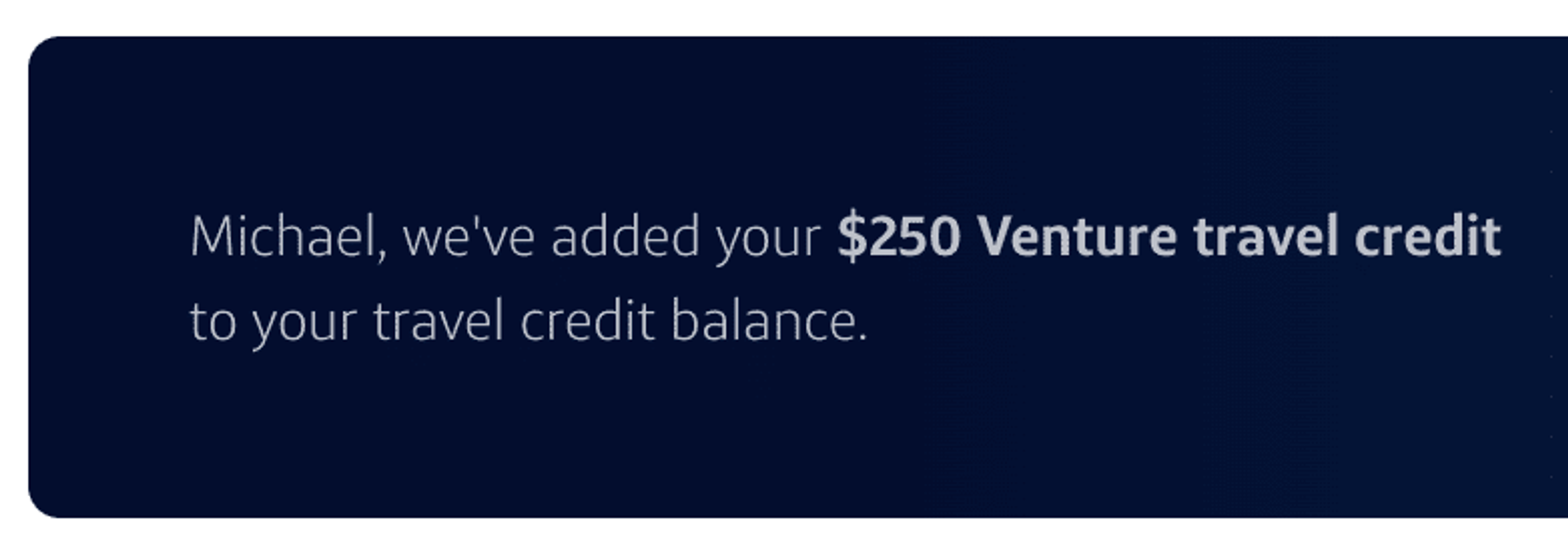 Screenshot showing my $250 travel credit