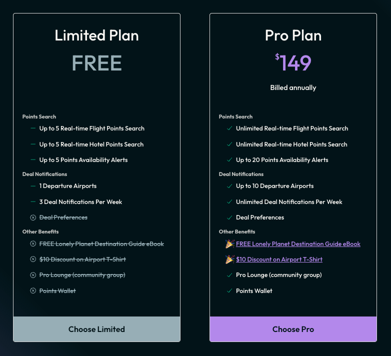 Images showing side-by-side differences between Free and Paid Pro plans