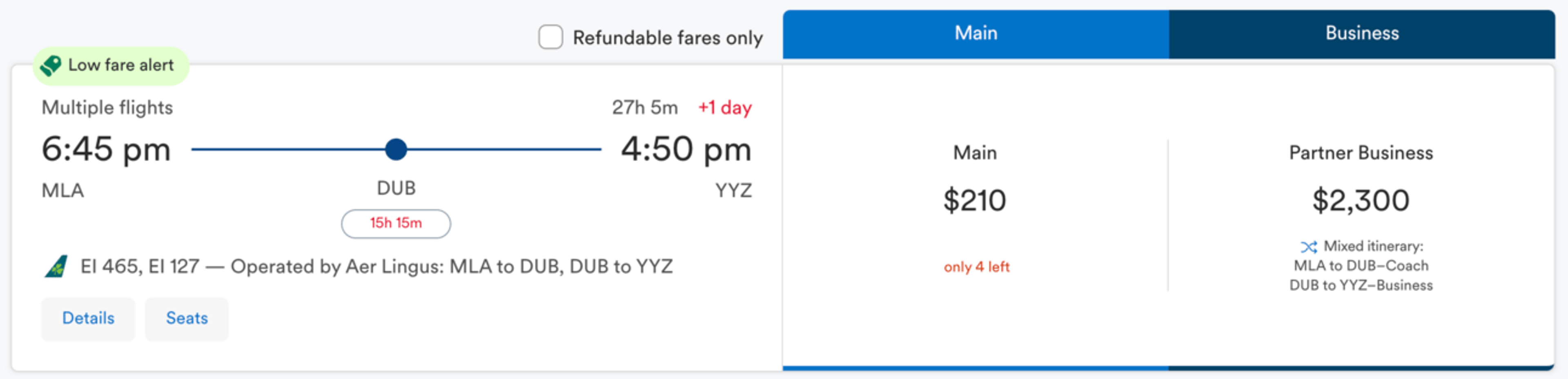 The same Aer Lingus flight for $210 booked through Alaska