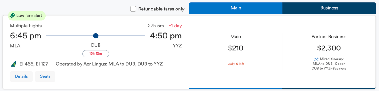 The same Aer Lingus flight for $210 booked through Alaska