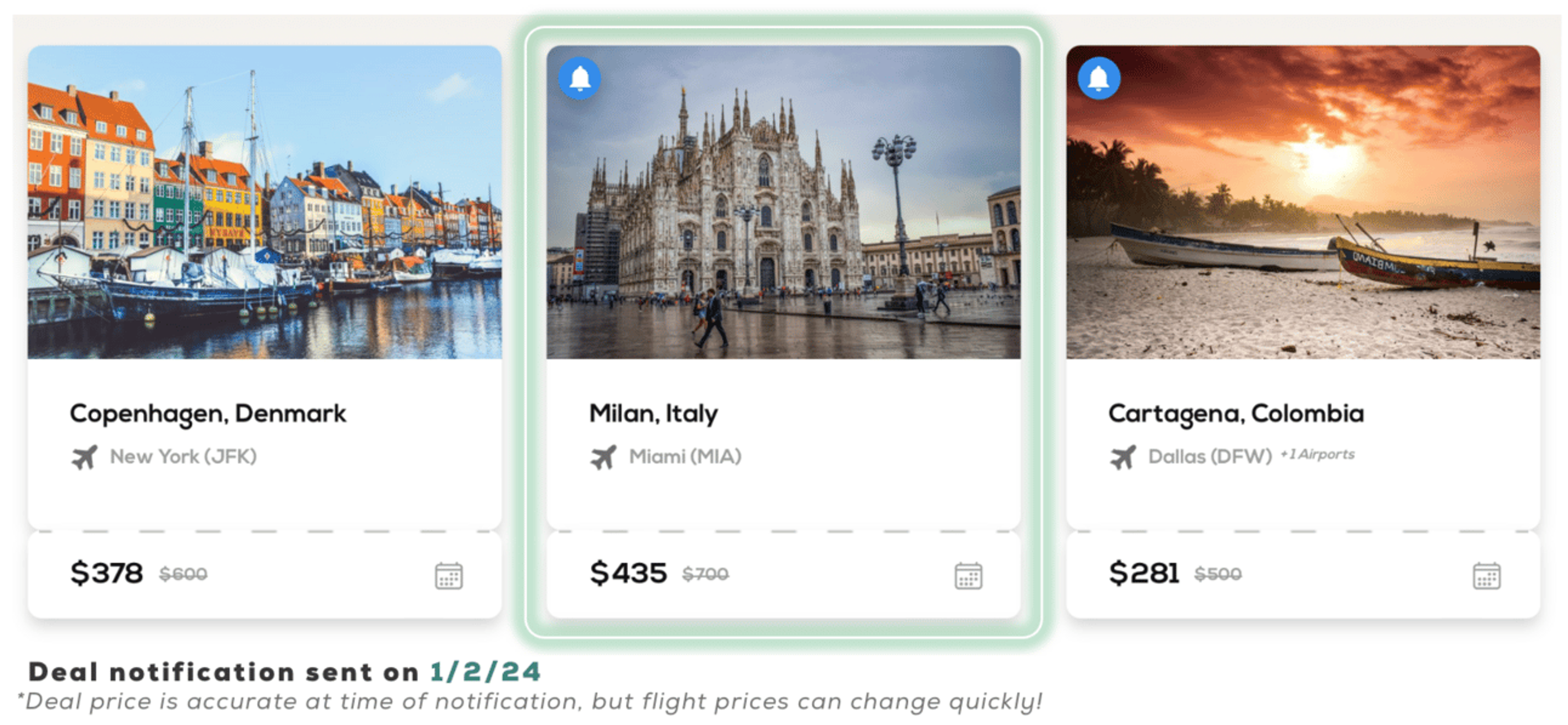 An example of FareDrop flights that shows a highlighte flight to Milan, Italy for $435 from Miami