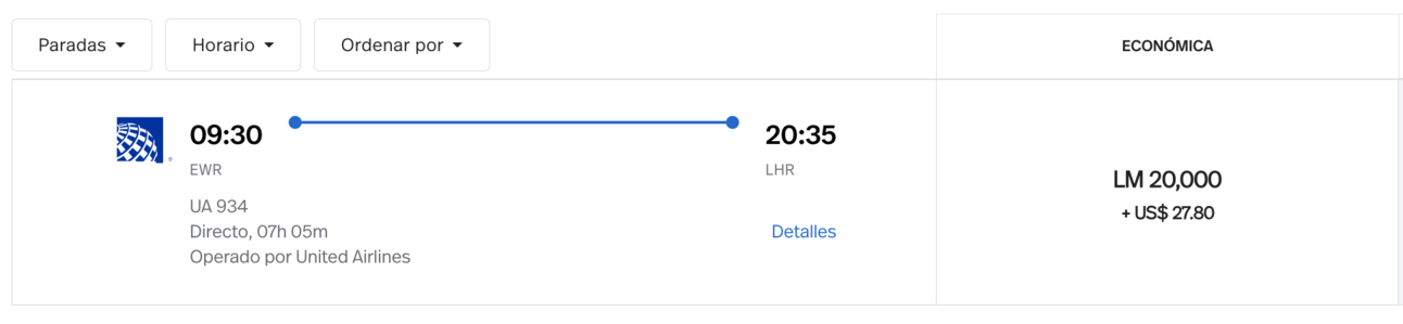 A screenshot of a United flight for 20,000 LifeMiles