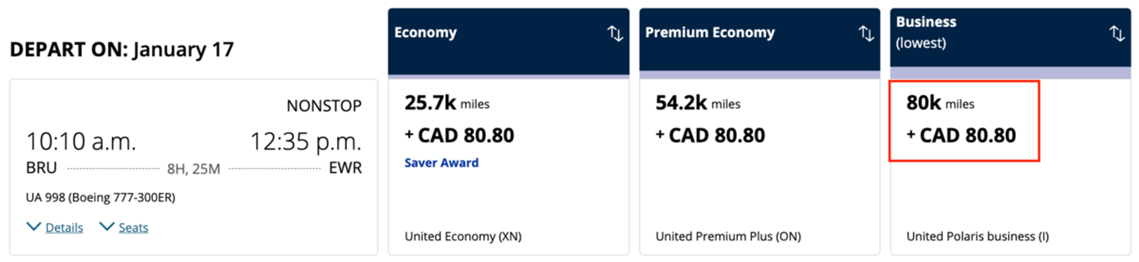Sample booking on United.com