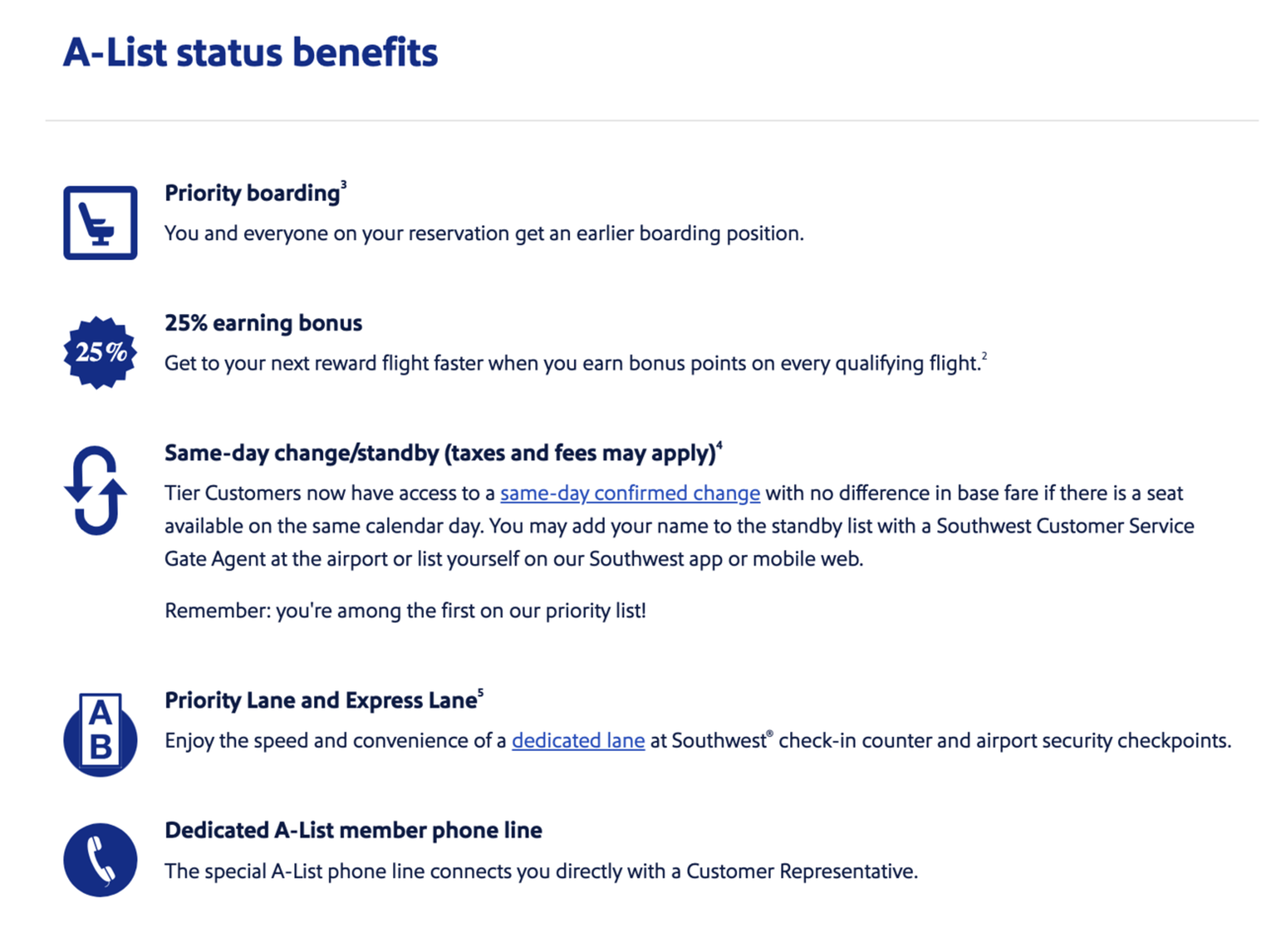 A list that shows the benefits of A-List status
