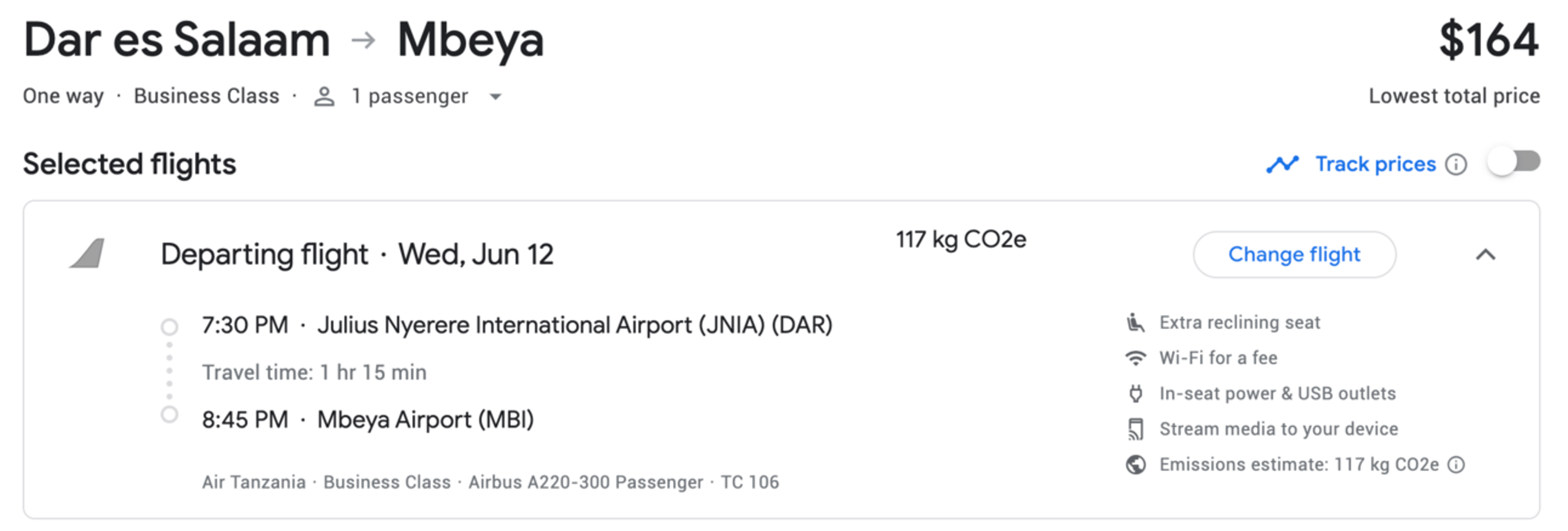 Sample Booking on Google Flights from DAR-MBI for $164