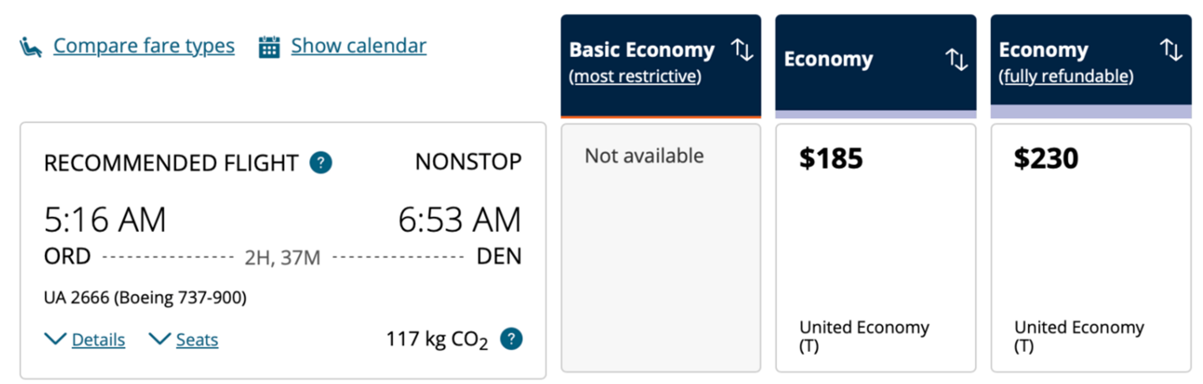 Cash price example for same flight above