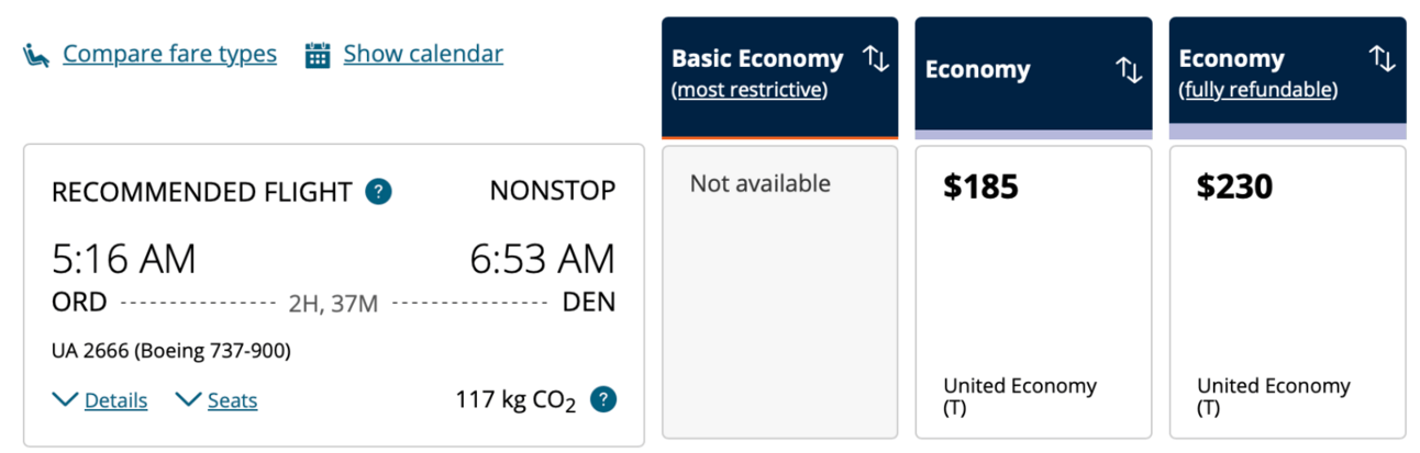 Cash price example for same flight above