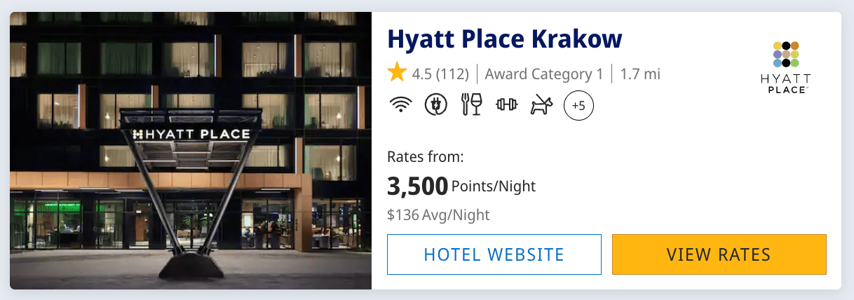 Hyatt Place Krakow for 3,500 points per night