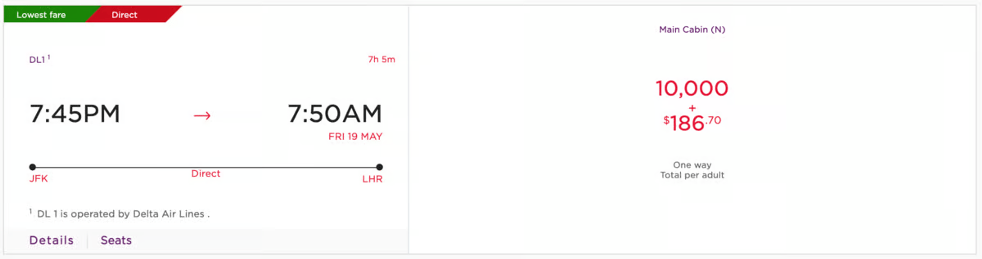 Sample booking from New York to London on the Virgin Atlantic website