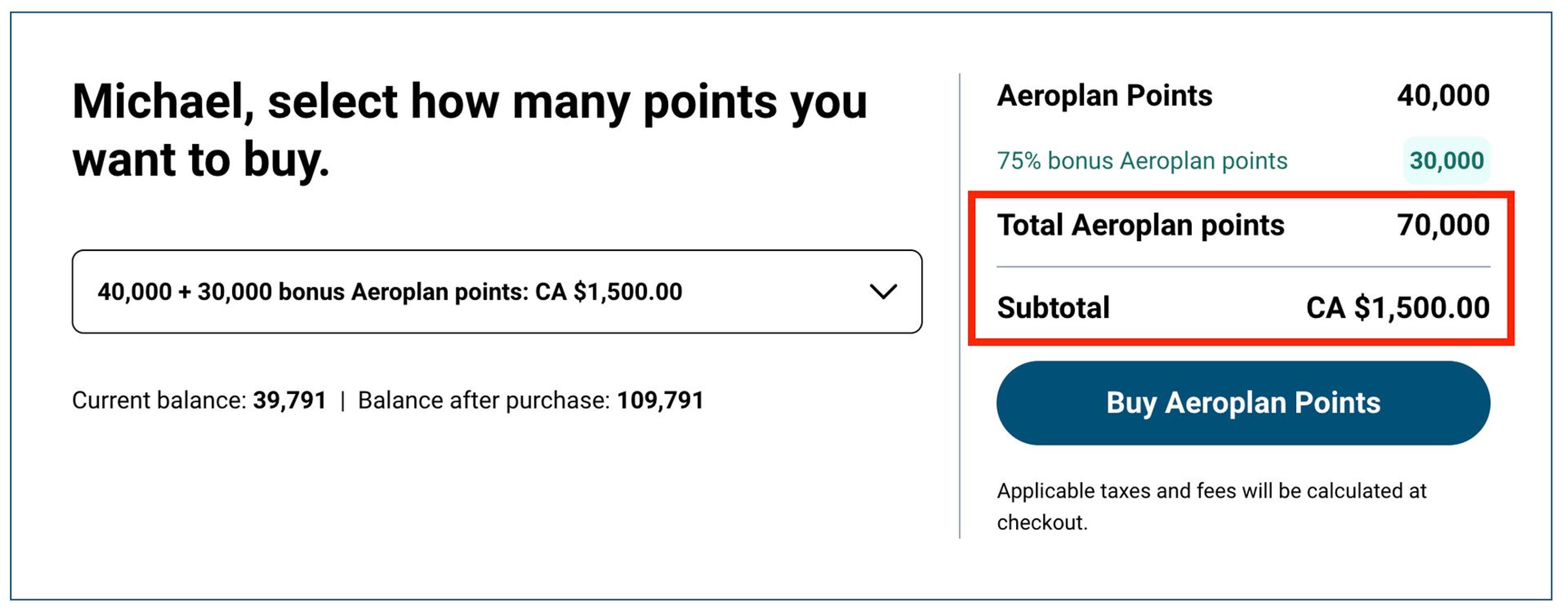 Buy Aeroplan points example