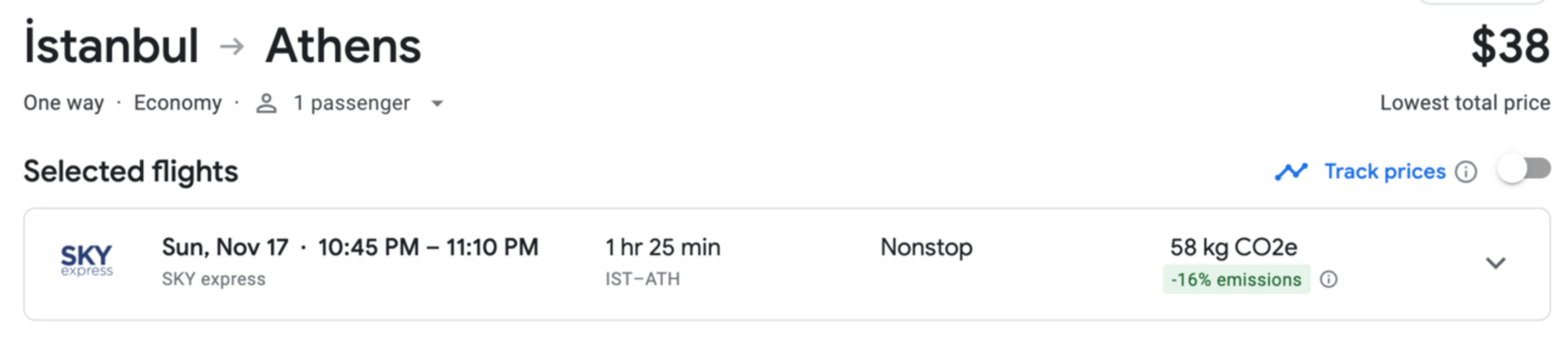 An example of a flight on Google flights from Istanbul to Athens for $38