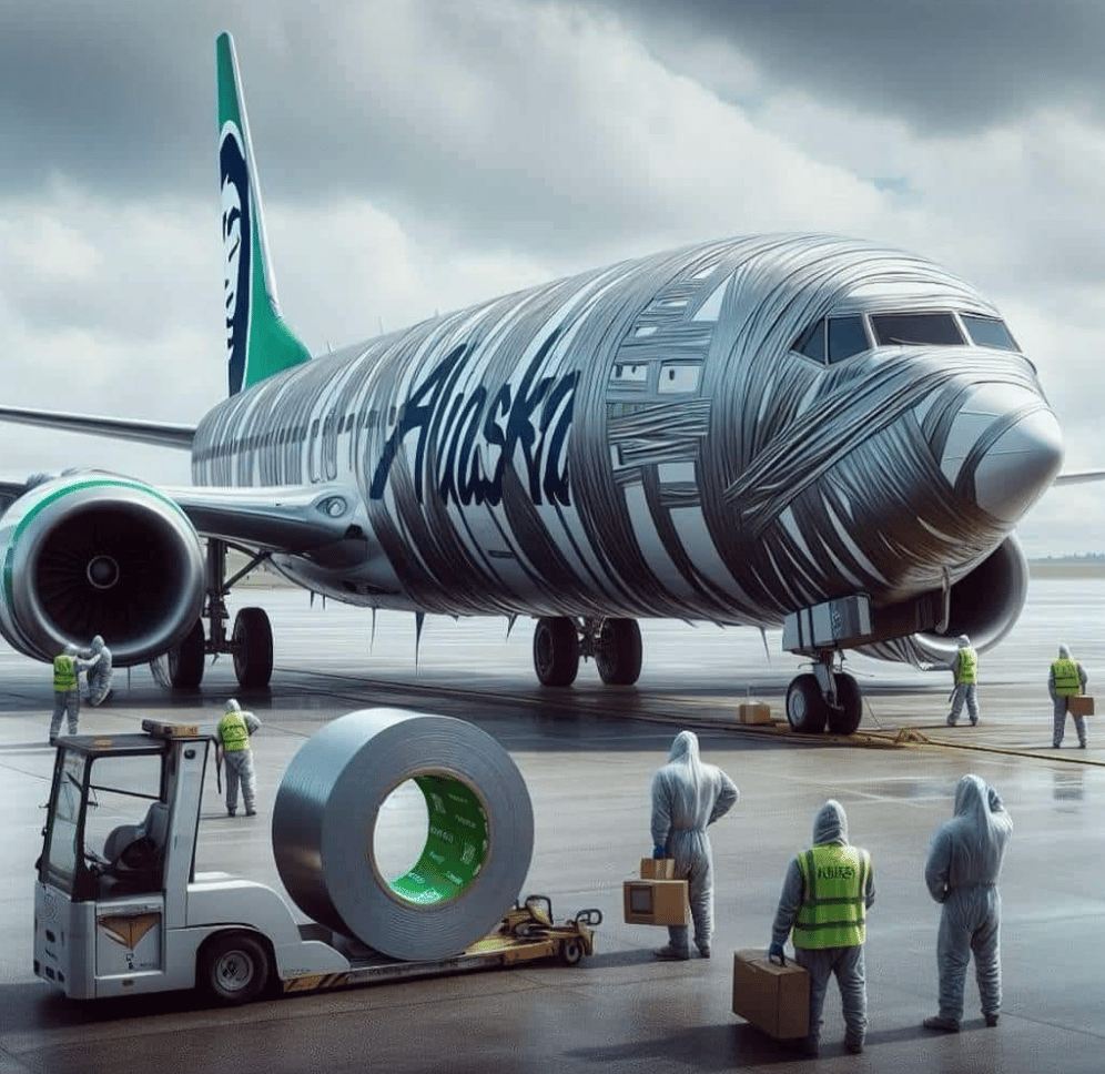 An AI-generated image of an Alaska plane wrapped in duct tape