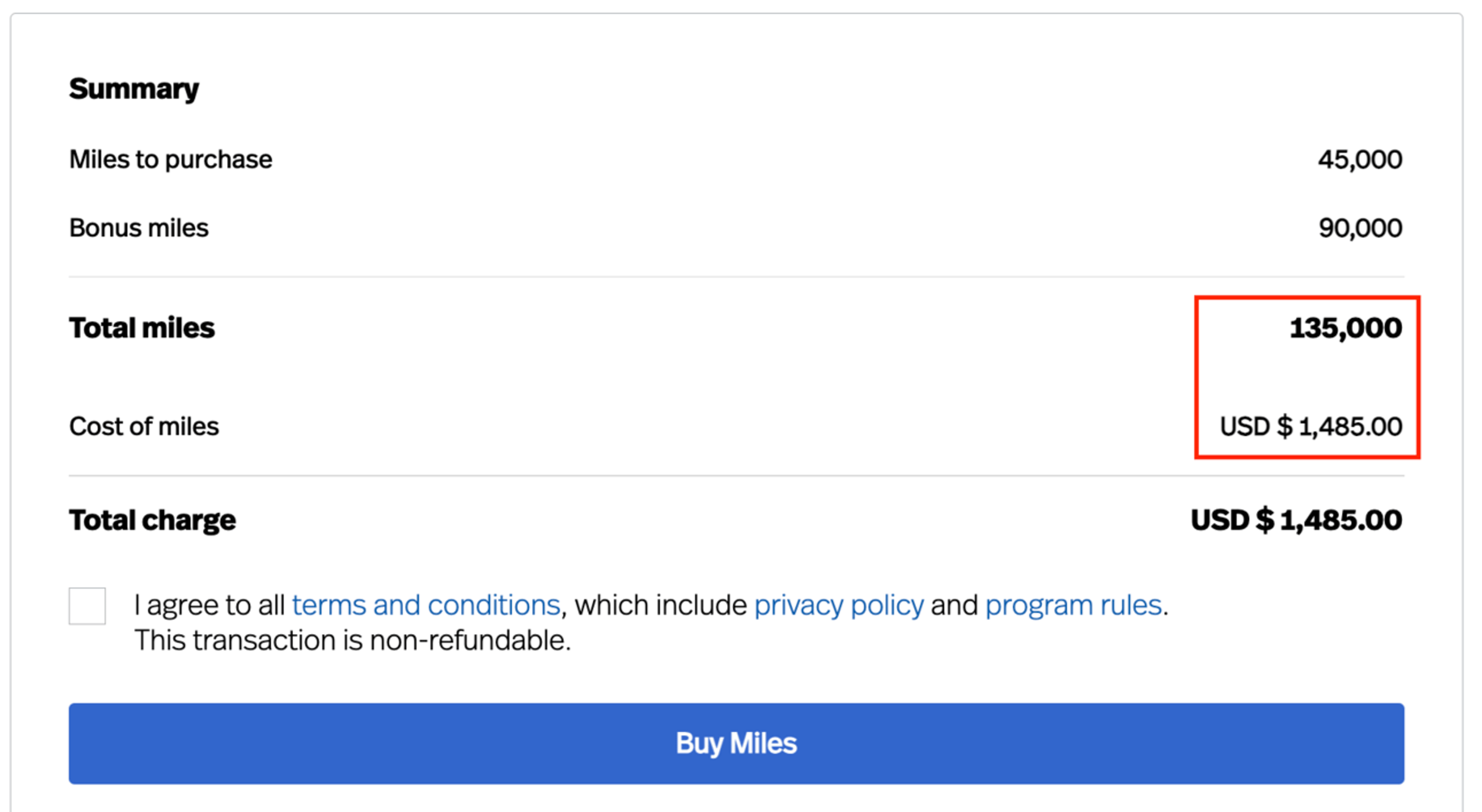 A screenshot from the checkout page showing the price of $1,485 for 135,000 LifeMiles