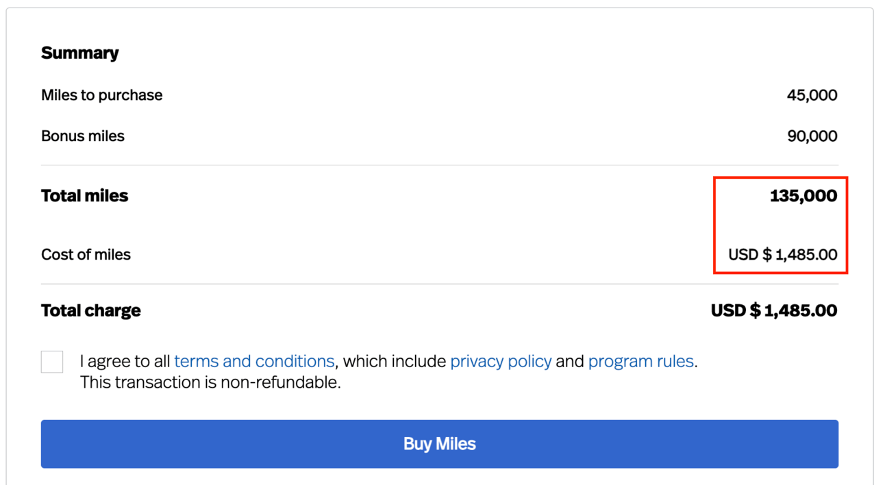 A screenshot from the checkout page showing the price of $1,485 for 135,000 LifeMiles