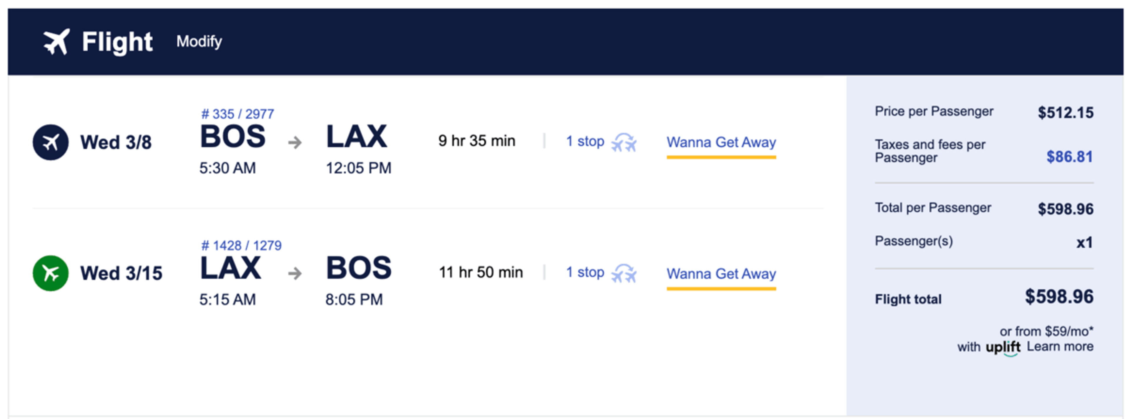 Screenshot of example booking on Southwest