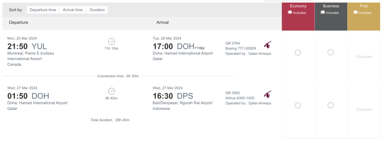 An example of a Qsuites booking on Qatar's website