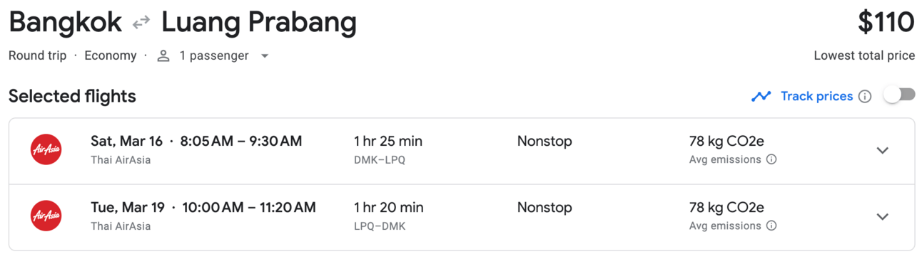 A sample round-trip to Luang Prabang, Laos, for $110 on Google Flights