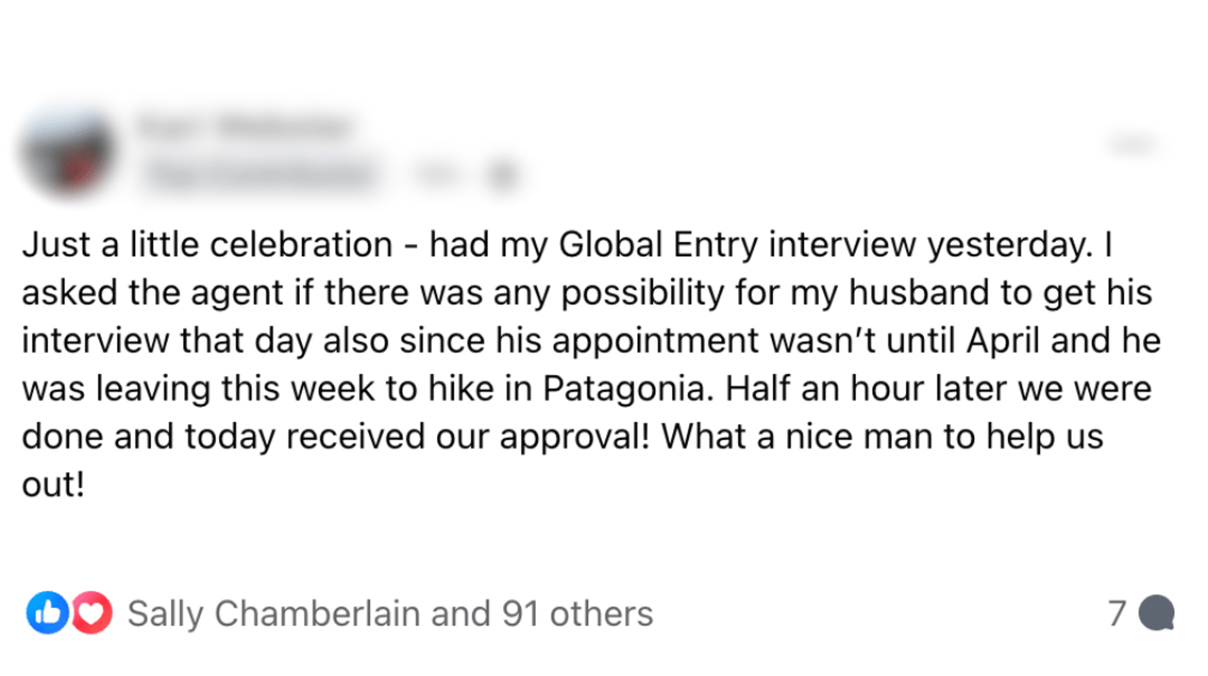 A screenshot of a lounge member sharing a success story about their Global Entry interview