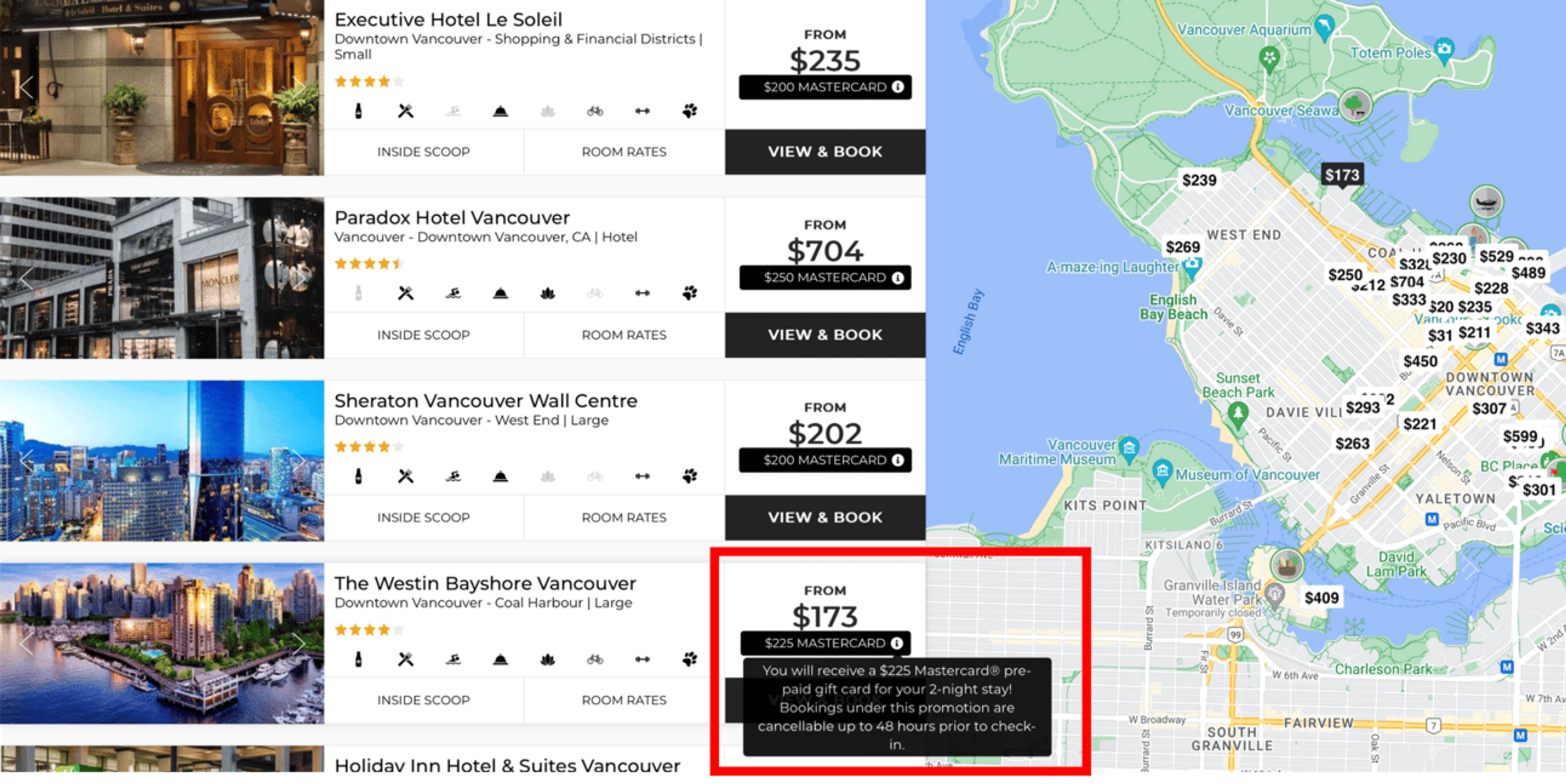 A screenshot showing eligible hotels for Stay Vancouver